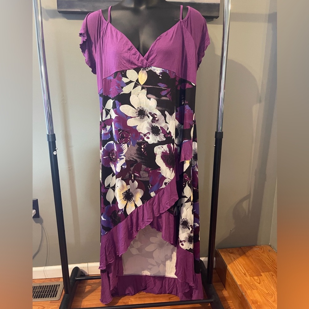 Rosegal Purple Floral Cold Shoulder High Low Dress-size 24